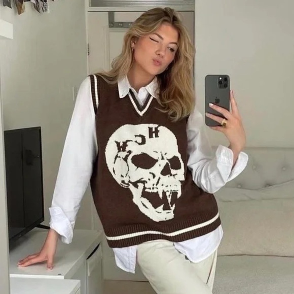 Heaven Can Wait (HCW) Brown Skull Sweater Vest